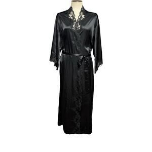 Victoria's Secret Vintage Gold Label Lace Satin Belted Robe Black Large